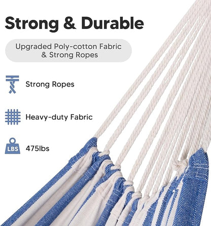 SUNCREAT Large Hammocks for Outside, Long Replacement Hammock Two Person for Stand, Blue White Stripes