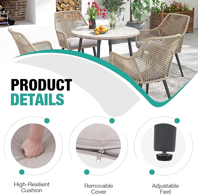 Patiorama 5-Piece Patio Dining Set, Outdoor Dining Table Chair Set, All-Weather Twisted Rattan Wicker Rope Conversation Set, Patio Furniture Set w/Umbrella Hole,Cushioned Chairs&Table(Tan&Cross Back)