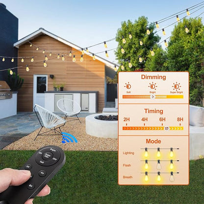 Stright Solar String Light for Outside 120FT with with USB Charging & Remote, Weatherproof Shatterproof LED G40 Bulb 50 Socket, Dimmable & Timable Solar Powered Patio Lights for Porch Backyard Garden