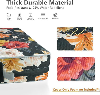 Porch Shield Outdoor Patio Chair Seat Cushion Covers Set 4 Waterproof Fade Resistant Cushion Slipcovers 20 x 18 x 4 inch, Floral Black