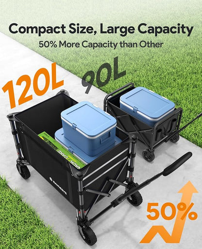 3 in 1 Collapsible Wagon Converts to Bench, 220lbs Foldable Wagon Cart with Wheels, 120L Shopping Cart for Groceries Folding Utility Wagon for Beach, Garden, Camping, Sport, Black