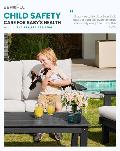 SERWALL Outdoor Patio Furniture Set, 5 Piece HDPE Patio Conversation Sets, All-Weather Wood-Like Outdoor Couch Loveseat and Coffee Table with Thick Cushions for Porch Balcony Garden Backyard