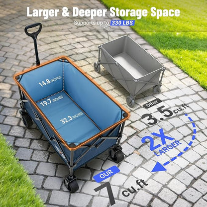 Overmont Ultra-Compact Collapsible Wagon Cart - 200L Portable Folding Wagon with All-Terrain Wheels Utility for Beach, Grocery Shopping, Camping, and Gardening – 330lbs Load Capacity Blue