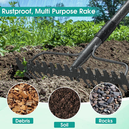 Garden Rake: 49" Metal Garden Leaf Rake with 17 Tines, Heavy Duty Bow Rakes for Lawn Yard Leaves Debris Mulch Gravel Thatch Clean,Lawn Care Gardening Landscaping