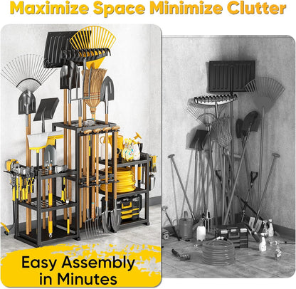 42" H Large Garden Tool Organizer, Holds Up to 86 Tools, Heavy Duty Yard Tool Organizer for Garage, 61“ Wide Lawn Freestanding Tool Storage Rack for Outdoor Shed Tool Rake, Shovel, Brooms