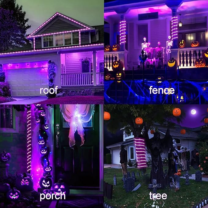 Purple Solar Rope Lights for Outside - 100 LED 33FT Solar Powered Halloween String Lights with 8 Lighting Modes, Halloween Decoration Outdoor, Waterproof Tube Light for Garden Yard Party Tree Decor