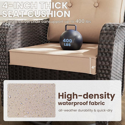 Gotland 3 Pieces Patio Set, Outdoor Swivel Chairs Set of 2 with 4'' Waterproof Cushions High Back Double-Layer Side Table, Wicker Rocking Patio Chairs Set of 2 for Balcony, Porch, Garden