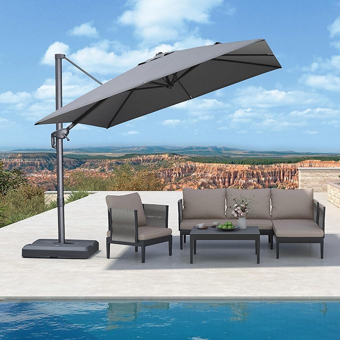 PURPLE LEAF 9 FT Cantilever Patio Umbrella Outdoor Aluminum Offset Square Umbrella with 3 Years Fade Resistance Recycled Fabric and 360-degree Rotation for Deck Pool Garden, Mist Grey