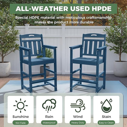 HDPE Outdoor Patio Tall Adirondack Bar Chairs Set of 2, All-Weather Bar Height Balcony Adirondack Stools for Bistro, Garden, Backyard, Pool, Deck | Navy Blue