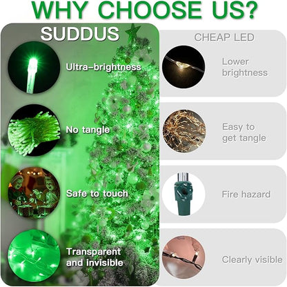 suddus Connectable Green Lights Outdoor with Remote, 33ft 100 LED Chirstmas String Lights Plug in Waterproof, Dimmable Clear Wire Fairy Lights for Xmas Tree,Halloween,Garden,Porch,Party Decorations