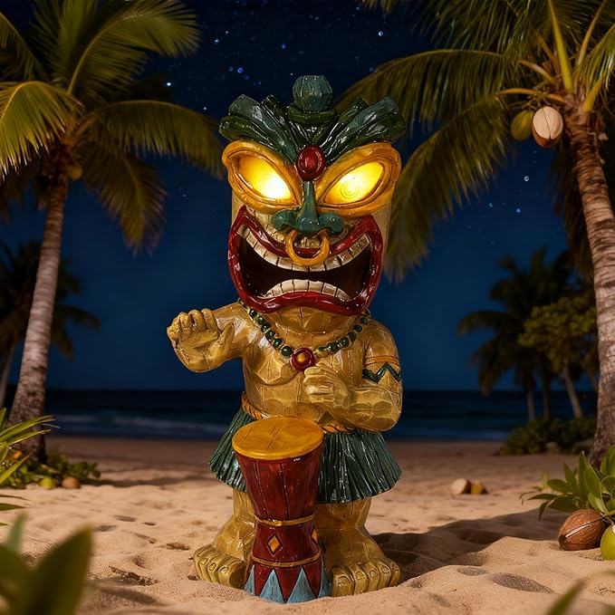 Solar Tiki Garden Statue with LED Eyes Outdoor Polynesian Drummer Hawaiian Party Decor Solar Light Ornament for Patio Porch Lawn Tiki Bar or Tiki Lover Funny Stocking Stuffers Gifts