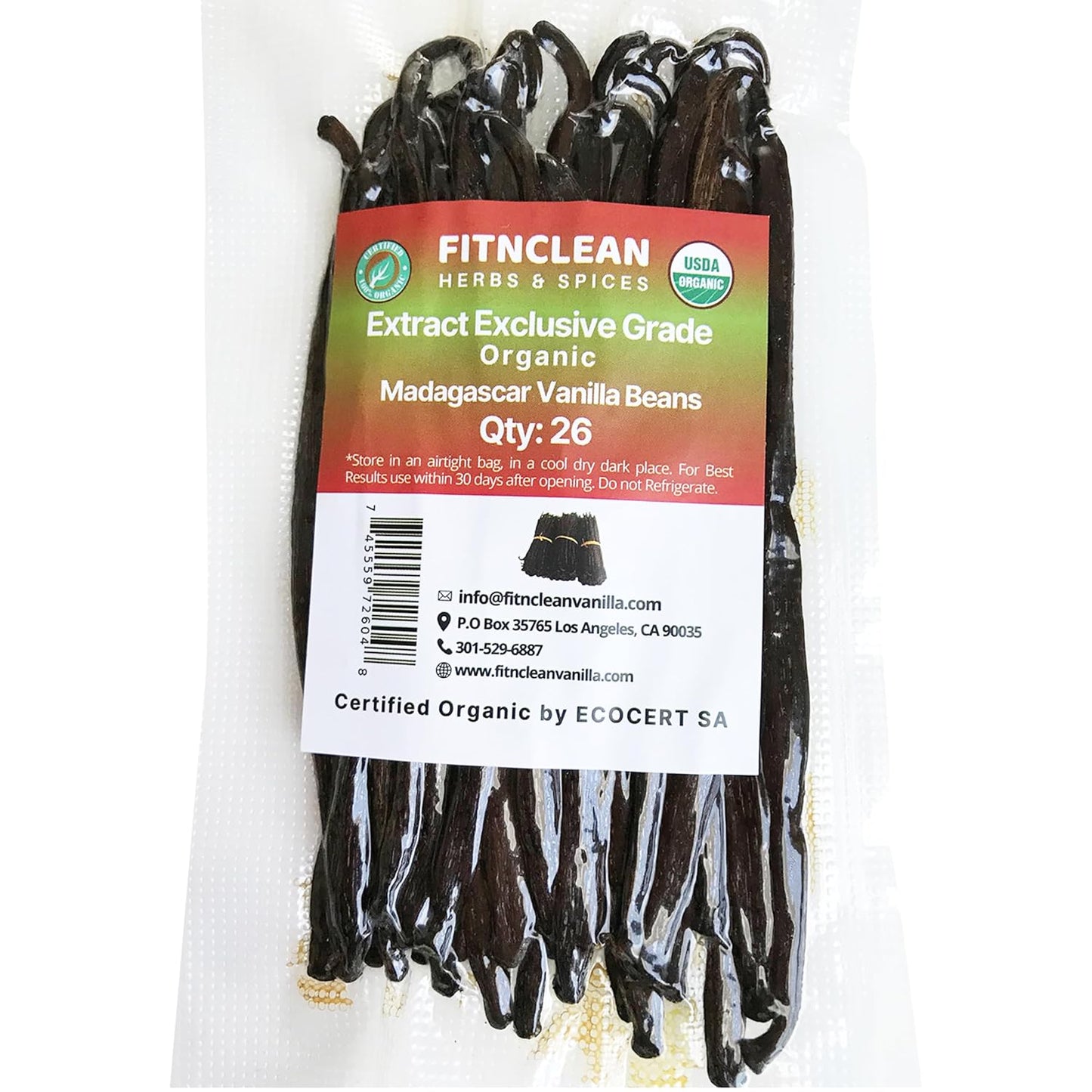 26 Organic Madagascar Vanilla Beans Extract Exclusive Grade B| 4.5" - 5.5" by FITNCLEAN VANILLA| Certified USDA Organic. Bulk Dry Whole Bourbon NON-GMO Pods