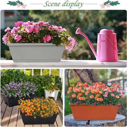 12Pcs 17Inches Rectangle Planter Box with Drainage Holes and Trays Plastic Planters Flower Boxes Pots for Indoor Outdoor Plants Patio Garden Home Decor Porch Yard (Gray)