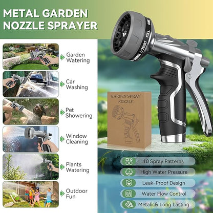 Garden Hose Nozzle, Heavy Duty Metal Water Hose Nozzle with 8 Adjustable Spray Patterns, High Pressure Hand Sprayer with Flow Control for for Garden Watering, Car & Pet Washing