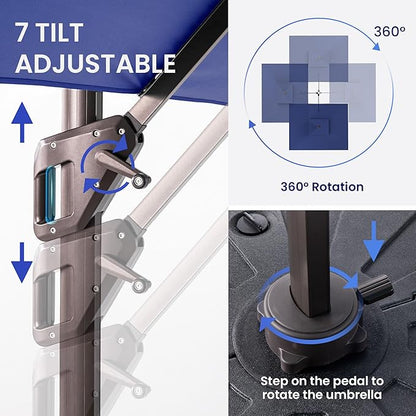 10 X 13 FT Cantilever Patio Umbrella Outdoor Heavy Duty Double Top Windproof Rectangle Offset Umbrellas with 360-degree Rotation for Pool Deck Backyard, Navy