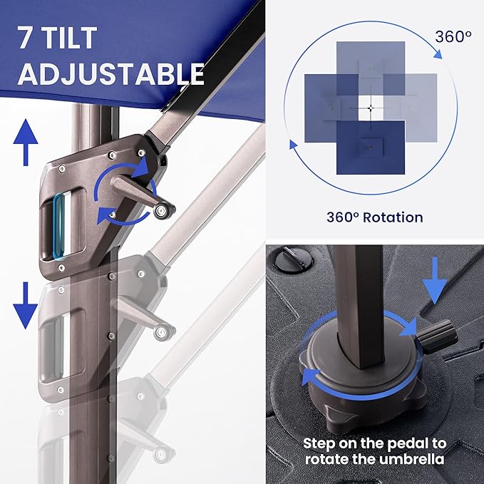 10 X 13 FT Cantilever Patio Umbrella with Base Included Outdoor Heavy Duty Double Top Windproof Rectangle Offset Umbrellas with 360-degree Rotation for Pool Deck Backyard, Navy