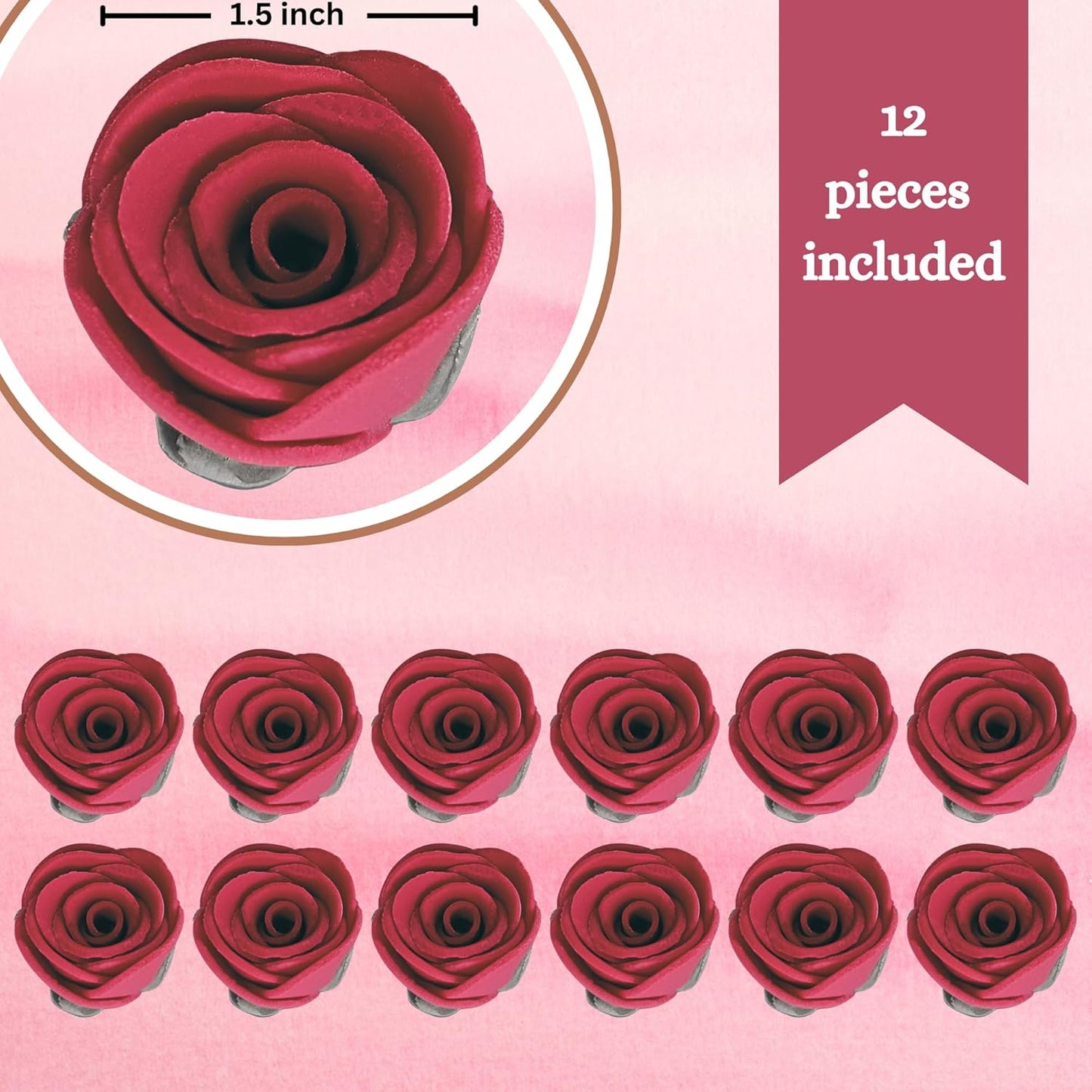 Confect Edible Flower | Edible Flower for cake decorations | Edible Flower Cupcake Toppers | Cupcakes & Doughnut Edible Toppers | Rich Deep Burgundy Sugar Flower- Pack of 12