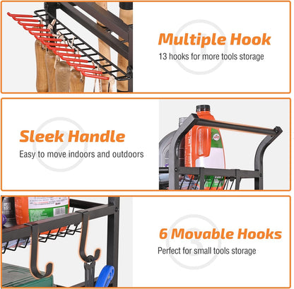 PLKOW Garden Tool Organizer with Wheels, Garden Tool Rack, Yard Tool Holder for Rakes, Shovel, Fertilizer, Garden Tool Storage for Garage, Shed, Outdoor