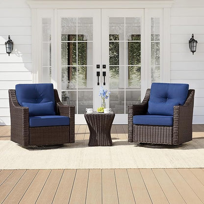 CHITA 3 Pieces Wicker Patio Bistro Set, Outdoor Furniture Set with 2 Pieces Rattan Rocking Swivel Chairs, Thickened Cushions and Side Table