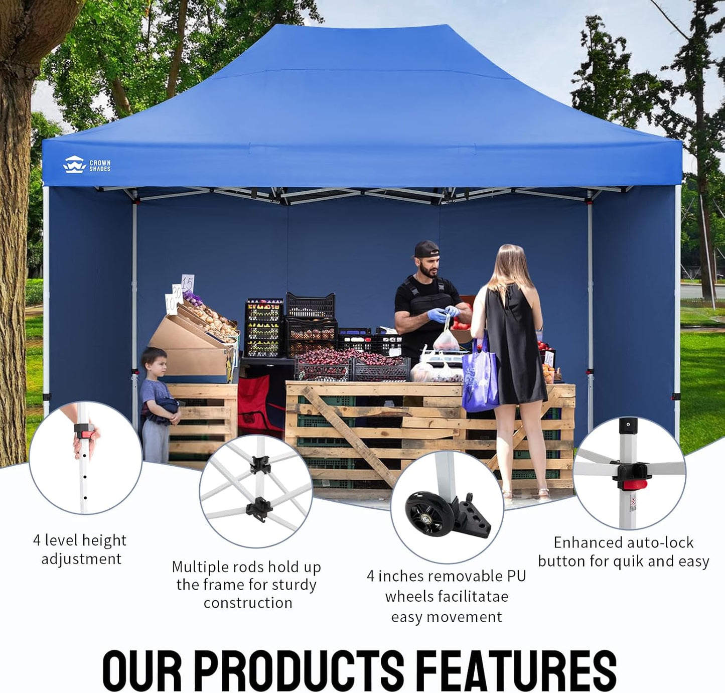 CROWN SHADES 10x15 Pop Up Canopy Tent, Thicken Frame Commercial Heavy Duty Tent, with 4 Sidewalls 8 Stakes & 4 Sandbags & 4 Ropes, Outdoor Canopies for Events, Parties,Blue