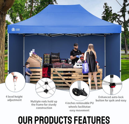 CROWN SHADES 10x15 Pop Up Canopy Tent, Thicken Frame Commercial Heavy Duty Tent, with 4 Sidewalls 8 Stakes & 4 Sandbags & 4 Ropes, Outdoor Canopies for Events, Parties,Blue