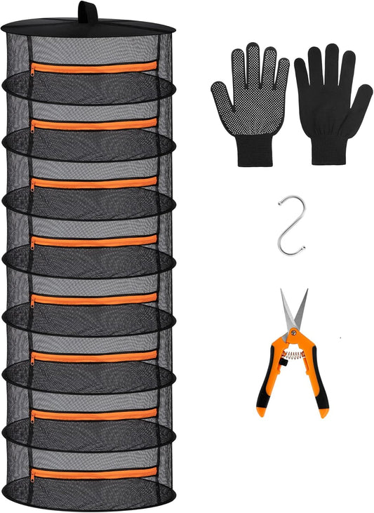 Desy & Feeci Herb Drying Rack-2ft Diameter 8 Layer Folding Mesh Hanging Basket Dryer Net with Zippers for Seeds Flowers Buds Plants Garden Outdoor Bumper Harvest(D24xH31 inch)