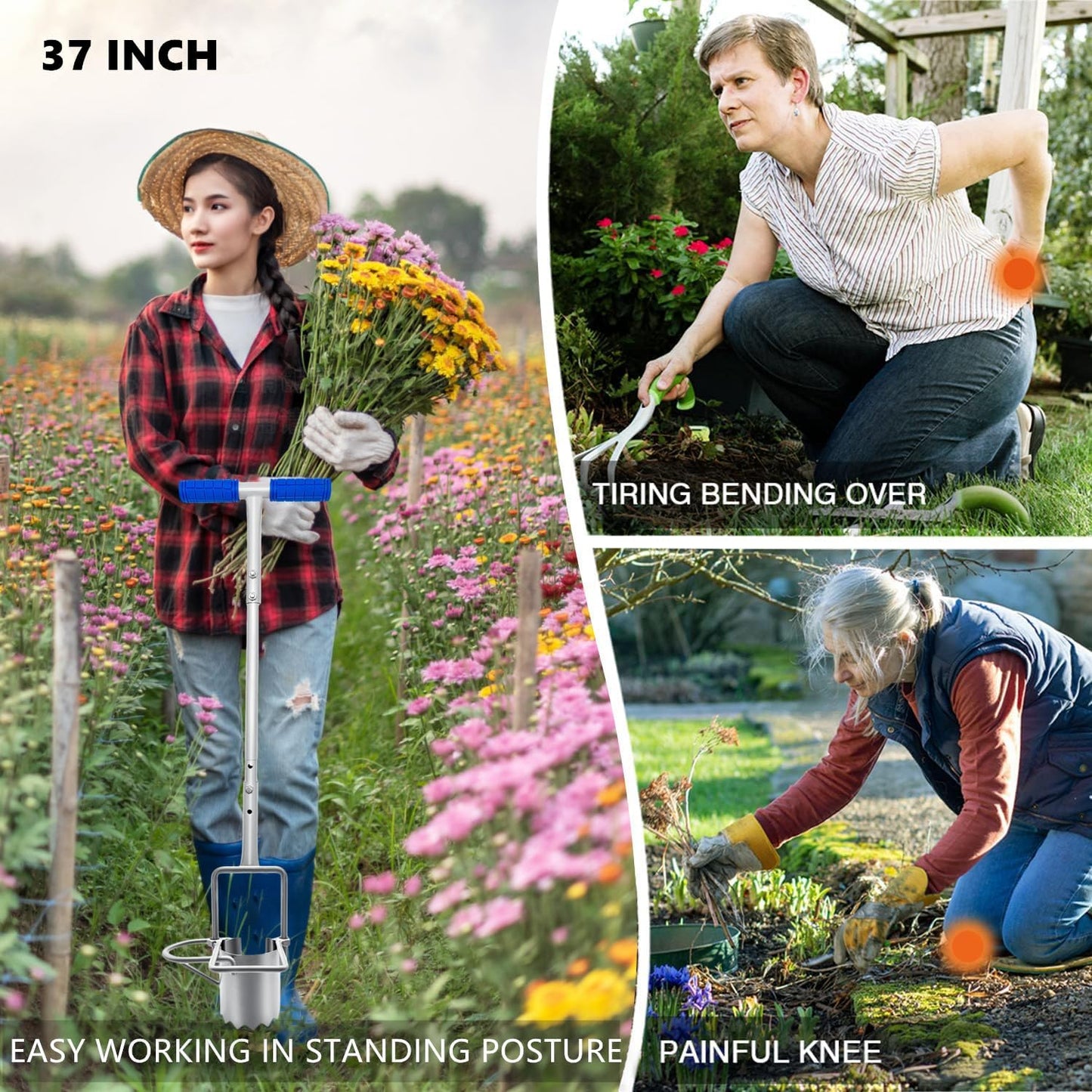 Updated Bulb Planter Long Handle for Digging, 5-in-1 Lawn and Garden Tool,sod Plugger Tool,Weeding,Soil Sampler, Transplanting,Sod Plugger Bulb Transplanting （Height Adjustable ）