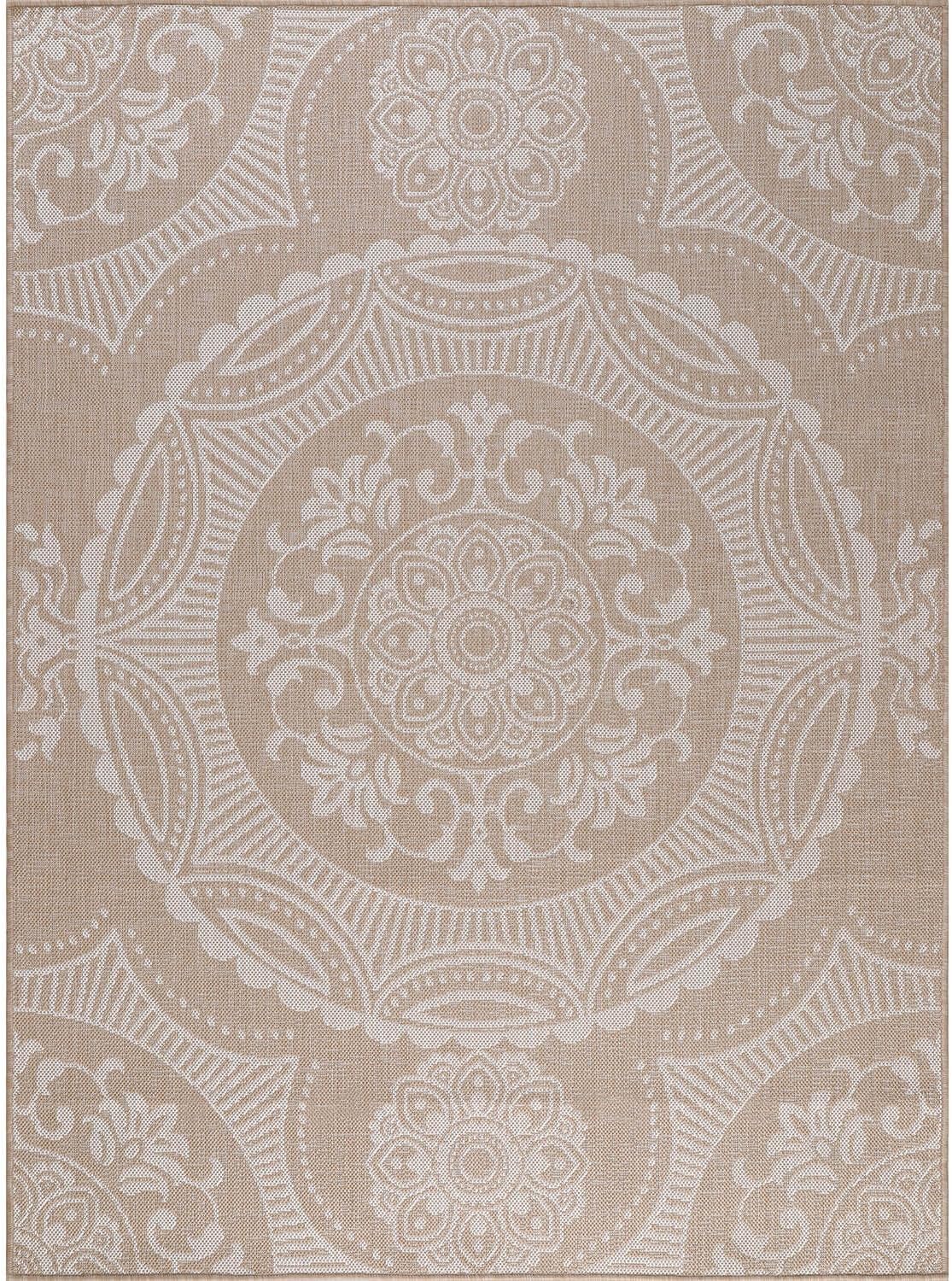 Medallion Outdoor Rug 6x9 Washable Outside Carpet for Indoor Patio Porch Waterproof Easy Cleaning Non Shedding Area Rugs Beige 6 x 9