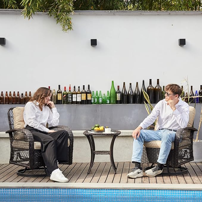 3 Pieces Patio Furniture Set, Outdoor Swivel Glider Rocker, Wicker Patio Bistro Set with Rocking Chair, Thickened Cushions and Table for Porch (Khaki)