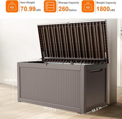 260 Gallon Resin Deck Box, Lockable Patio Outdoor Storage Box for Furniture, Garden Tools and Tools Storage, Waterproof Outside Storage Boxes - Grey