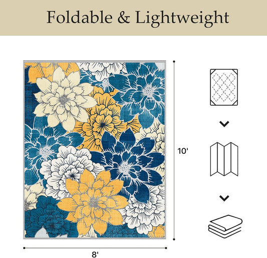 GENIMO Indoor Outdoor Area Rug 8' X 10' Waterproof, Washable Patio Rug Non Shedding, Easy Cleaning Floral Outdoor Carpet for Living Room, Bedroom, Dining Room, Balcony, Backyard, Deck, RV, Blue