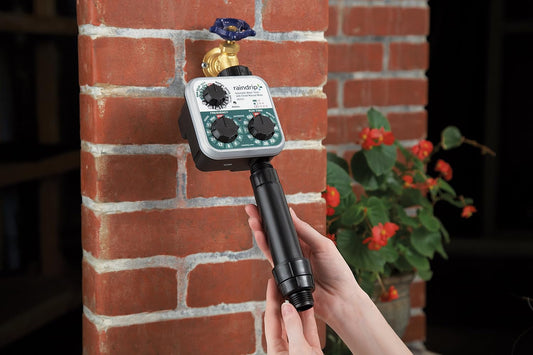 Raindrip SDGCBHP Automatic Drip Irrigation Watering Kit with Timer for Ground Cover & Flower Beds, Waters up to 200 Sq. ft, Timer with Customizable Settings & 13 GPH Half-Circle Adjustable Sprayers, Black;Galvanized Steel;Brown