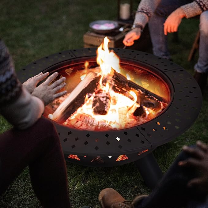 SUNCREAT 42" Large Outside Fire Pit, Round Fire Pit Wood Burning with Widened Tabletop, Spark Screen, Fire Poker, Phombus Pattern