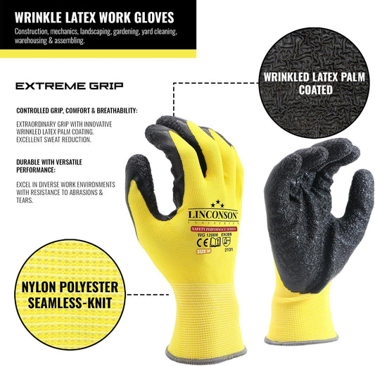 linconson 12 Pack Safety Performance Series Construction Mechanics Wrinkle Latex Work Gloves