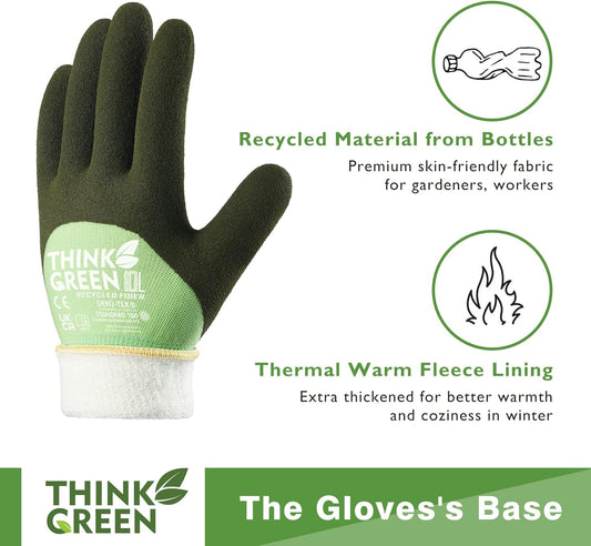 COOLJOB Thick Fleece Lined Winter Thermal Warm Freezer Work Gloves, 100% Recycled Polyester Base with Non-Slip Grip, Windproof for Cold Weather, 1 Pair, Large, Green