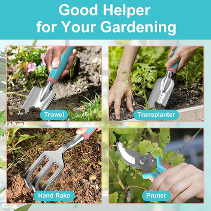 6 Pcs Garden Tool Set, Gardening Hand Tools Aluminum Alloy Starter Kit with Garden Bag, Heavy Duty Outdoor Tool Set with Ergonomic Handle, Gardening Gifts (No Flower Pattern)