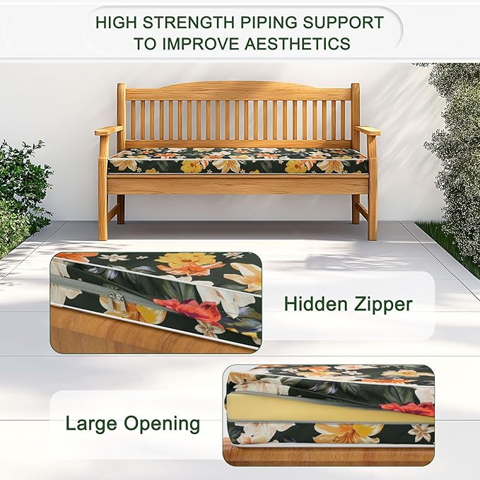 Porch Shield Outdoor Bench Cushion Cover – Waterproof Swing Cushion Cover for Patio Furniture Loveseat (Not Insert) Floral Black 48" W x 18" D x 3" H