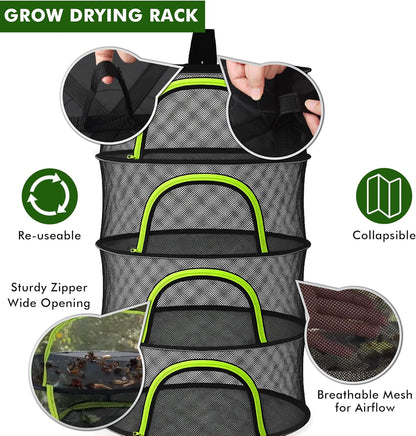 Herb Drying Rack Hanging Mesh 8 Layer 24" with Zipper, Garden Pruning Shear, Hook & Carabiner Clip for Drying Herbs, Plants, Seeds, Buds | Hydroponics & Grow Tents Herb Dryer Hanging Rack