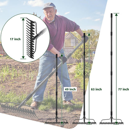 77'' Bow Rake ，17 Tines Metal Head Rakes with Stainless Steel Handle，Heavy Duty Garden Rake for Loosening Soil Gathering Leaf Leveling Lawn Farming Land Management Yarn Thatch Rake