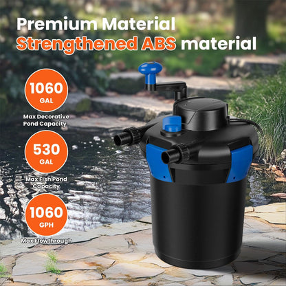 Anbull Bio Pressure Pond Filter, 1060GPH Pressurized Biological Pond Filter with 9watt Light, Pond Filter System with Convenient Cleaning Crank Handle for Fountain Pool, Koi Fish Aquarium Tank