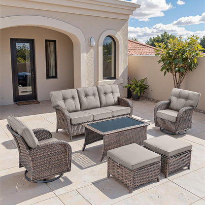 6-Piece Rotating Balcony Chair Set with 31-inch T-Shaped Wide backrest - Rattan Outdoor Rotating Balcony Chairs, Wide backrest Comfortable Outdoor Sliding Chair - Brown | Grey