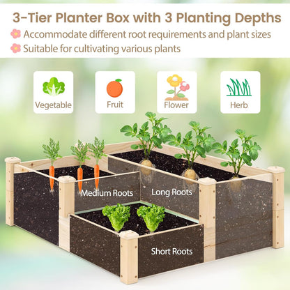 HAPPYGRILL 3-Tier Raised Garden Bed, Wood Elevated Planter Box w/Open-Ended Base, 3 Planting Depths& 2 Arrangement Options for Yard Lawn, Outdoor Planter Raised Beds for Vegetables Herbs Fruits