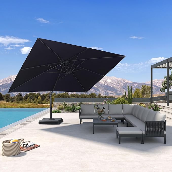 PURPLE LEAF 10' × 13' Patio Cantilever Umbrella Outdoor Rectangle Adjustable Offset Umbrellas with 360-degree Rotation and 8 Heavy Duty Metal Ribs for Garden Deck Pool Navy Blue