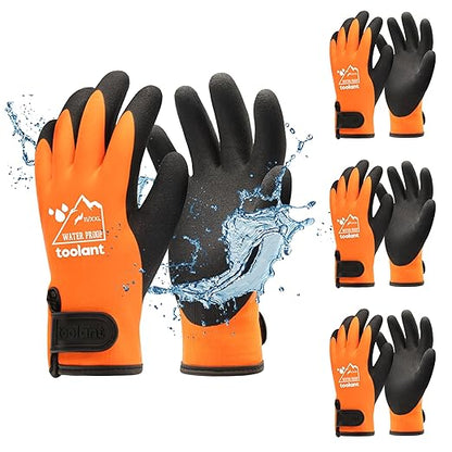 toolant 100% Waterproof Gloves Bulk Pack, 3 Pairs, Winter Work Gloves for Cold Temperature, Touchsreen, Warm Gloves for Freezer, Fishing and Gardening, With Grip, Orange, XX-Large