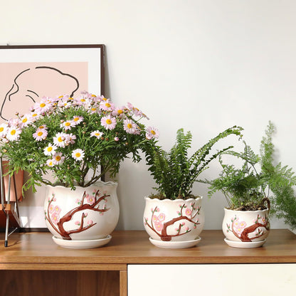 Ceramic Plant Pots with Drainage Holes and Saucers, Round Flower Pots for Indoor Plant, 3.9/5.2/6.7 Inches Small Flower Planters Set of 3