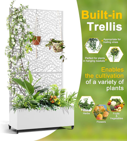 FENCY Metal Raised Garden Bed with Wheels and Trellis,73"x35"x16" Planter Box for Climbing Plants, Vegetables & Vines, Features Privacy Screen and Drainage Holes (White-Leaf)