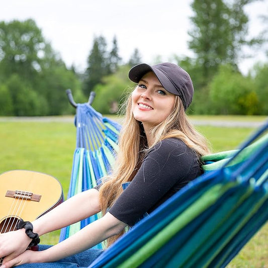 SUNCREAT Portable Outdoor Hammock with Stand Included, Double Hammock with Stand for Outside, Blue & Green Stripes