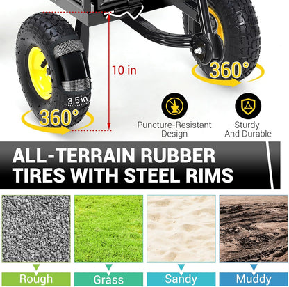 Steel Garden Cart, 550 LBS Heavy Duty Metal Garden Wagon with 10" Wheels, Metal Push Wagon with 180° Rotating Handle and Removable Sides for Farm, Yard