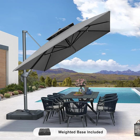 PURPLE LEAF 10' x 13' Cantilever Patio Umbrella Outdoor Umbrella with 330lbs Base Large Rectangular Windproof Offset Umbrella for Pool Deck Garden, Mist Grey