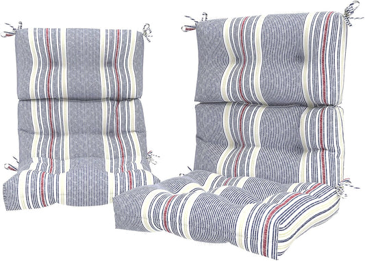 LVTXIII Outdoor Tufted High Back Cushions Set of 2 Patio Seasonal Replacement Rocking Chair Cushion with Ties, Solid Seat and Back Chair Cushion, (44” L x 22W”, Stripe Denim Blue)